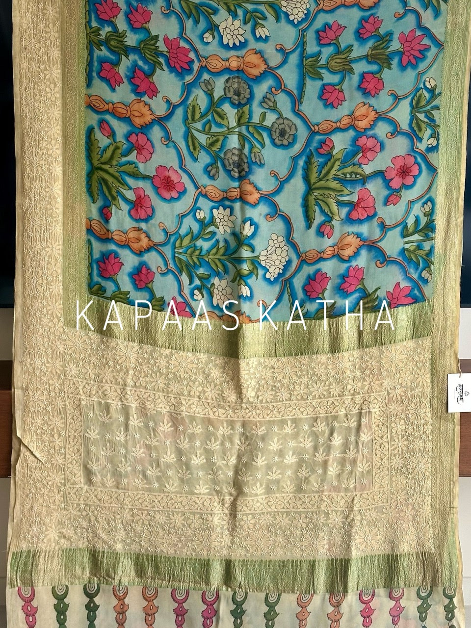Karigari Guldasta – Pure Banarasi georgette Kalamkari Saree with Lucknow Hand Chikankari