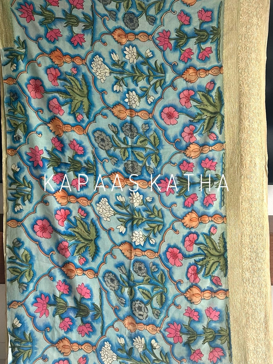 Karigari Guldasta – Pure Banarasi georgette Kalamkari Saree with Lucknow Hand Chikankari