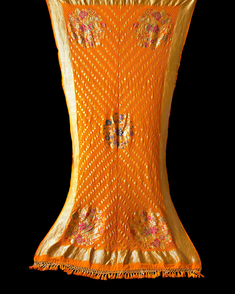 Kesari Pure Banarsi Georgette Meenakari Bandhani Dupatta