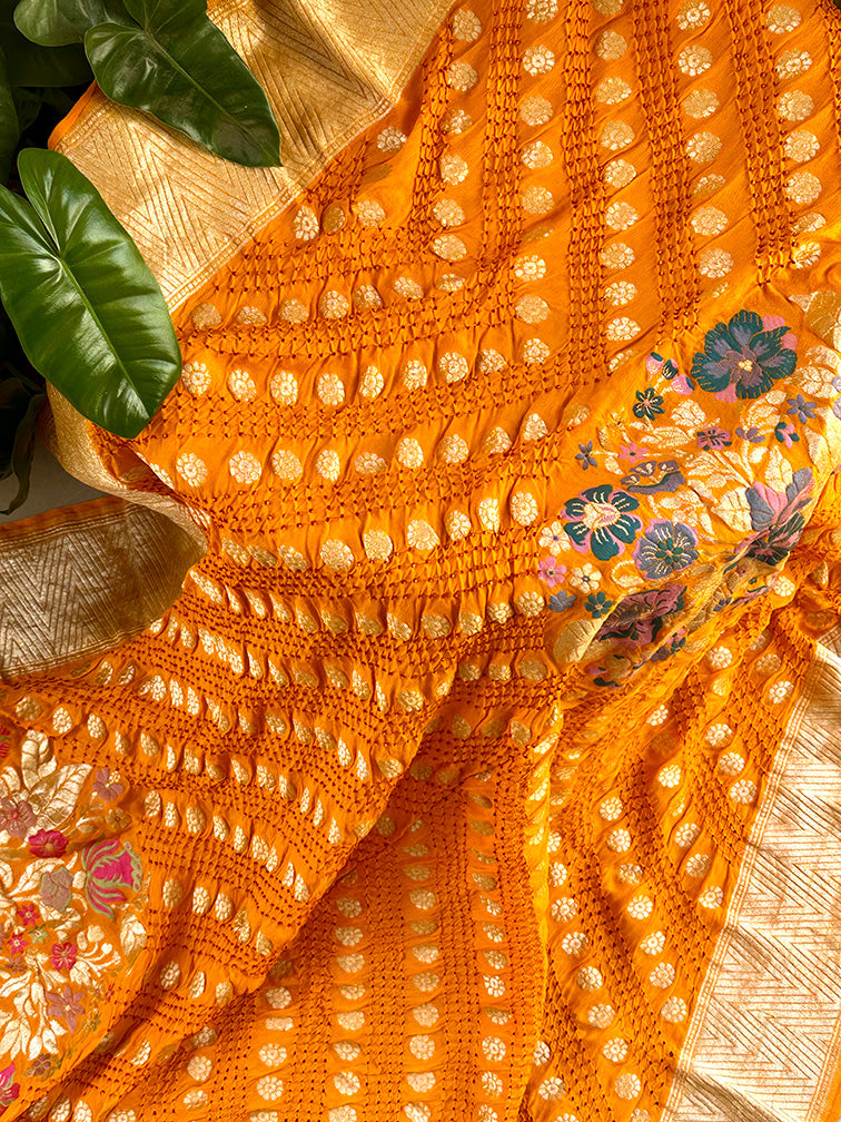 Kesari Pure Banarsi Georgette Meenakari Bandhani Dupatta