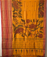 Kesari Floral Cotton Kalamkari Saree With Pink Border
