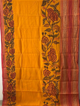 Kesari Floral Cotton Kalamkari Saree With Pink Border