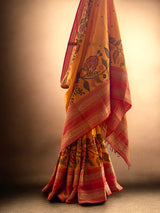 Kesari Floral Cotton Kalamkari Saree With Pink Border