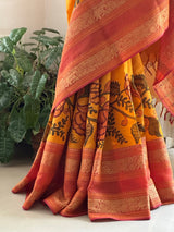 Kesari Floral Cotton Kalamkari Saree With Pink Border