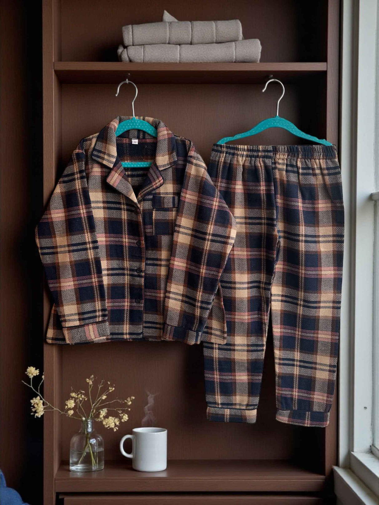 kids-cozy-navy-blue-beige-checked-winter-night-suit-set