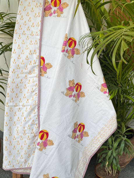 handblock printed cotton dohar for kids teddy on swing with flannel layer made in jaipur
