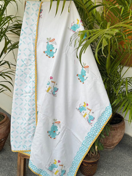 pure cotton mulmul dohar for babies elephant racing and butterfly theme flannel layer soft breathable fabric
