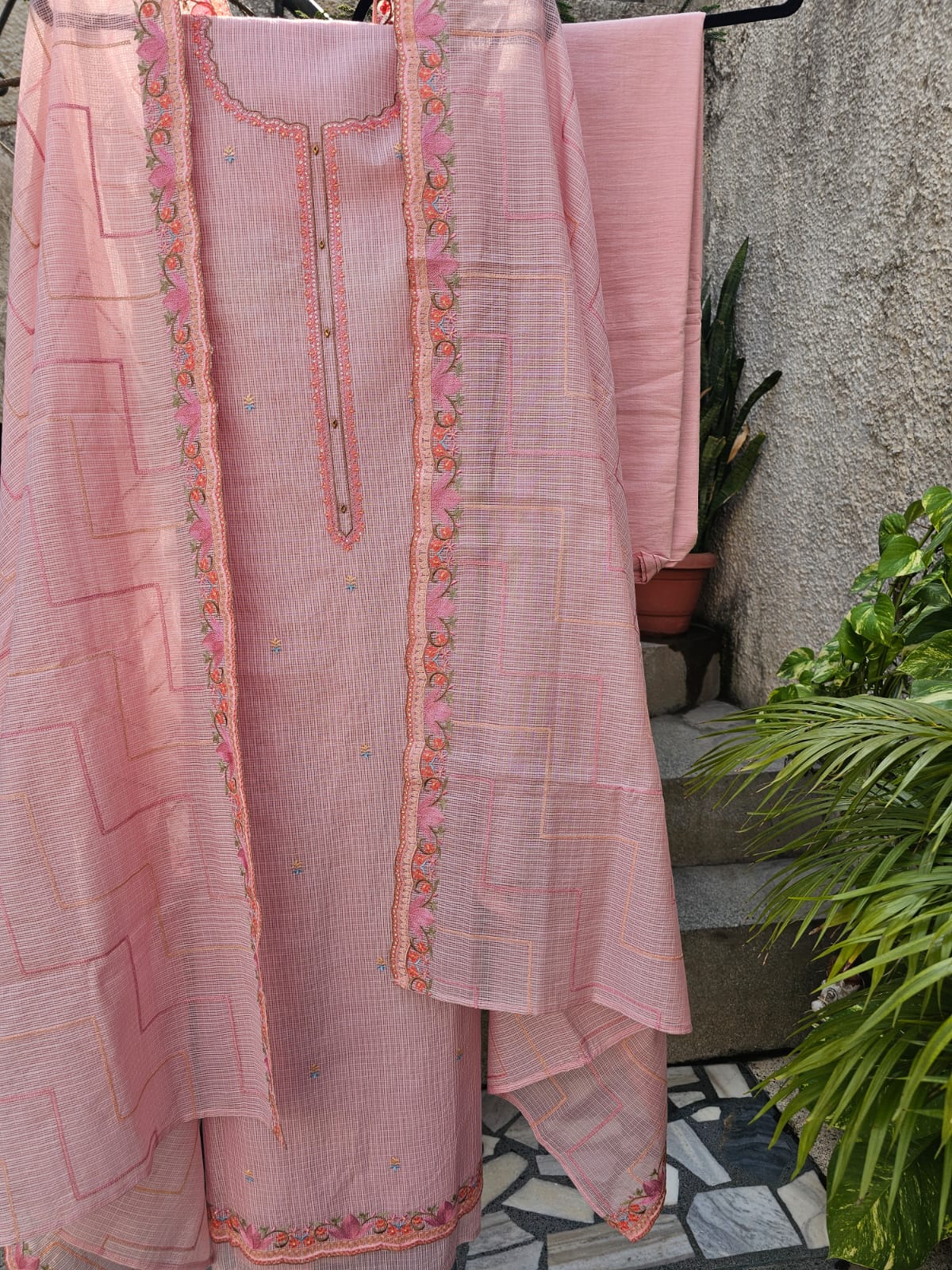 Pink 3 Piece Kota Cotton Unstitched Suit Set