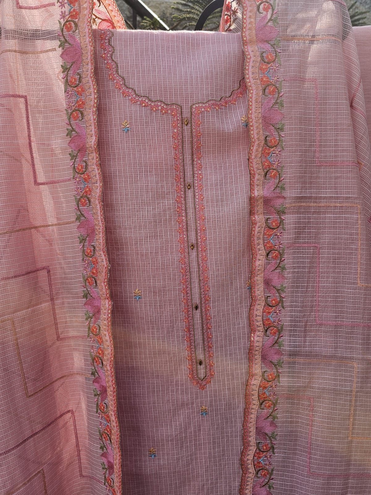 Pink 3 Piece Kota Cotton Unstitched Suit Set