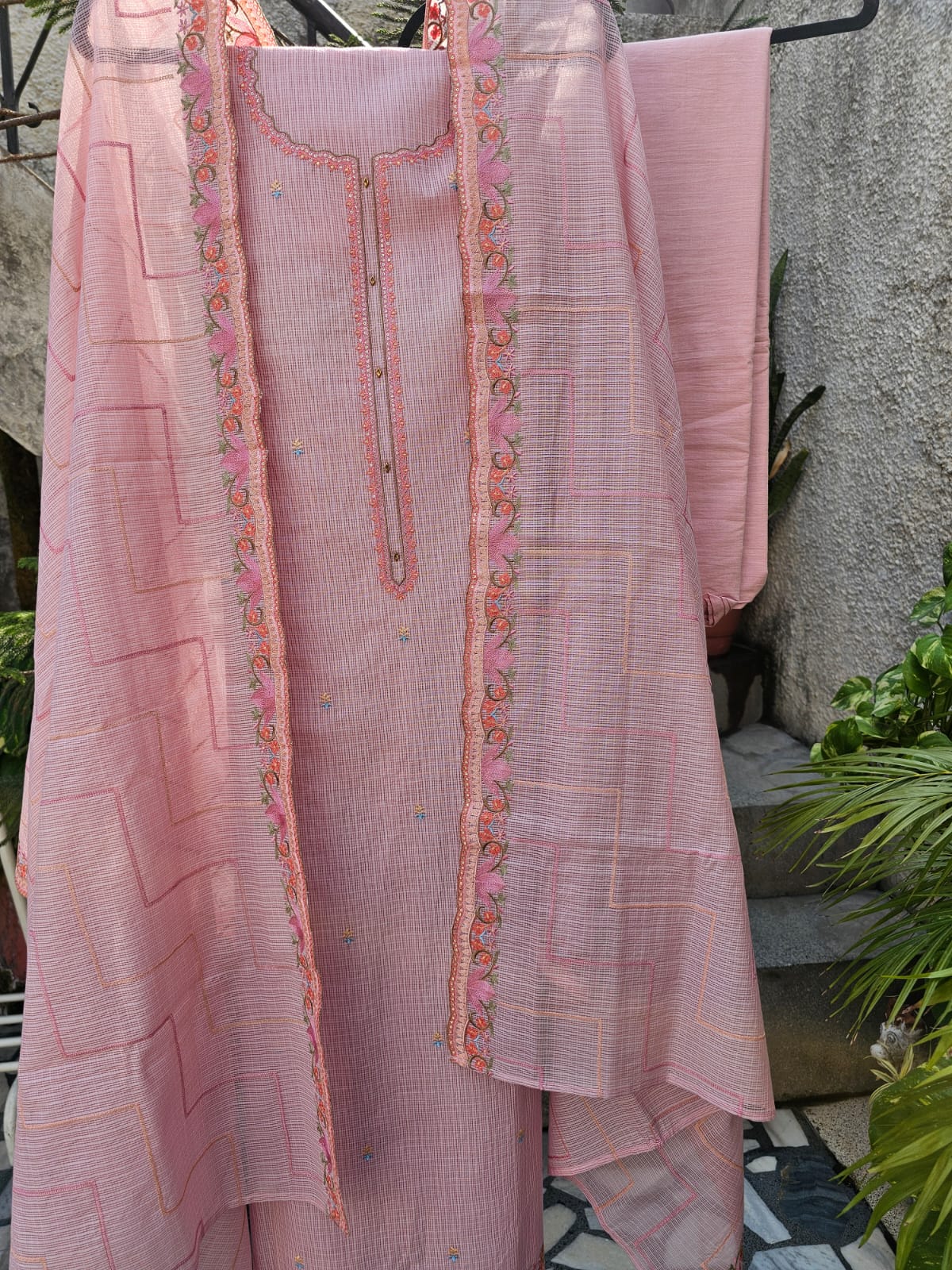 Pink 3 Piece Kota Cotton Unstitched Suit Set