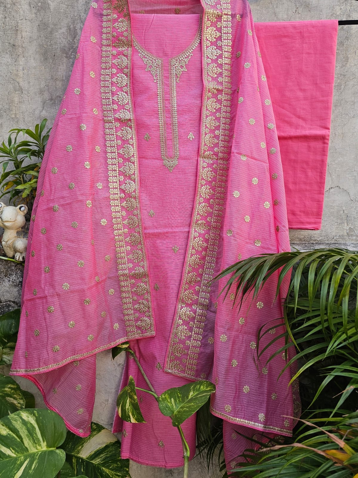 Elegant & Subtle Unstitched Kota Embroidered 3pc Suit Set - Candy Pink