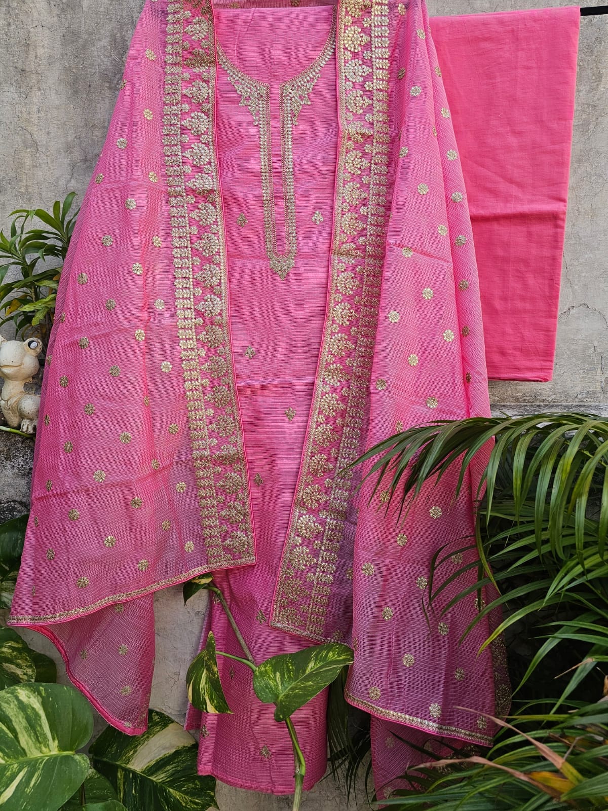 Elegant & Subtle Unstitched Kota Embroidered 3pc Suit Set - Candy Pink