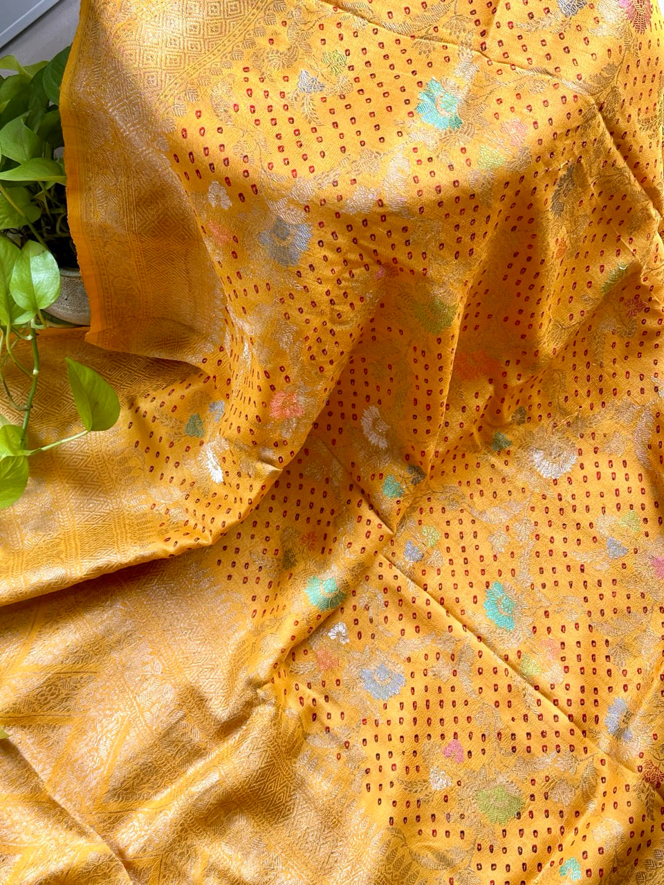 Kumudini - Kesar Mustard Yellow Handloom Munga Silk Bandhani Saree