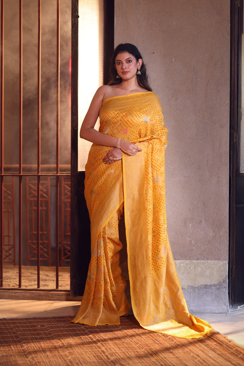 kumudini-kesar-mustard-yellow-handloom-munga-silk-bandhani-saree