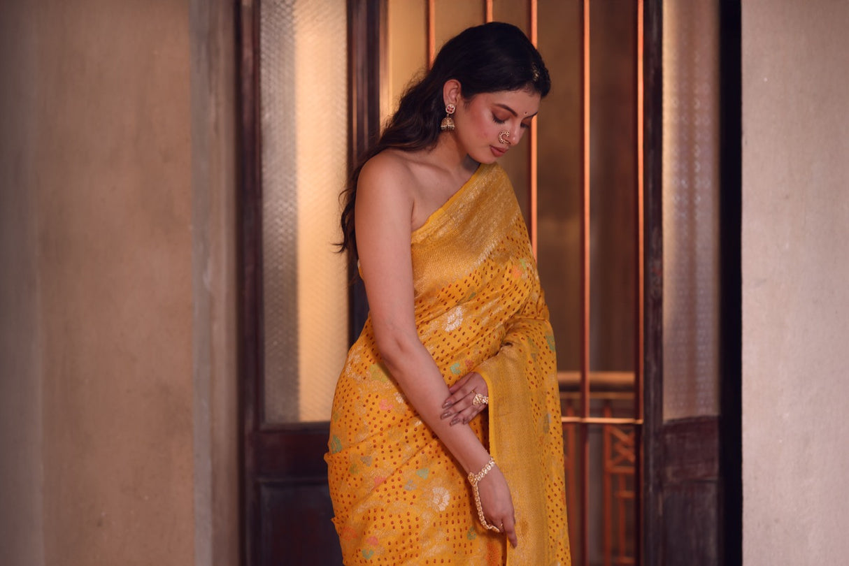 kumudini-kesar-mustard-yellow-handloom-munga-silk-bandhani-saree