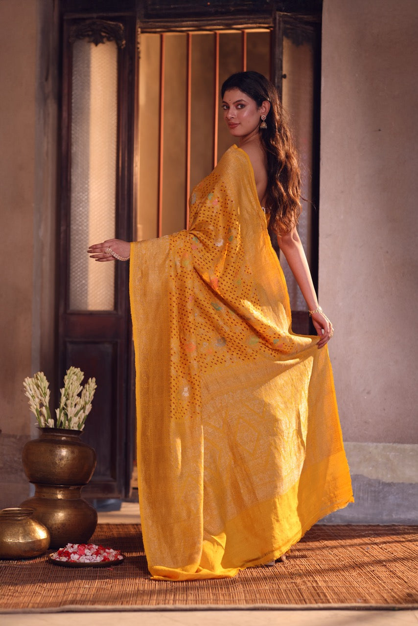 kumudini-kesar-mustard-yellow-handloom-munga-silk-bandhani-saree