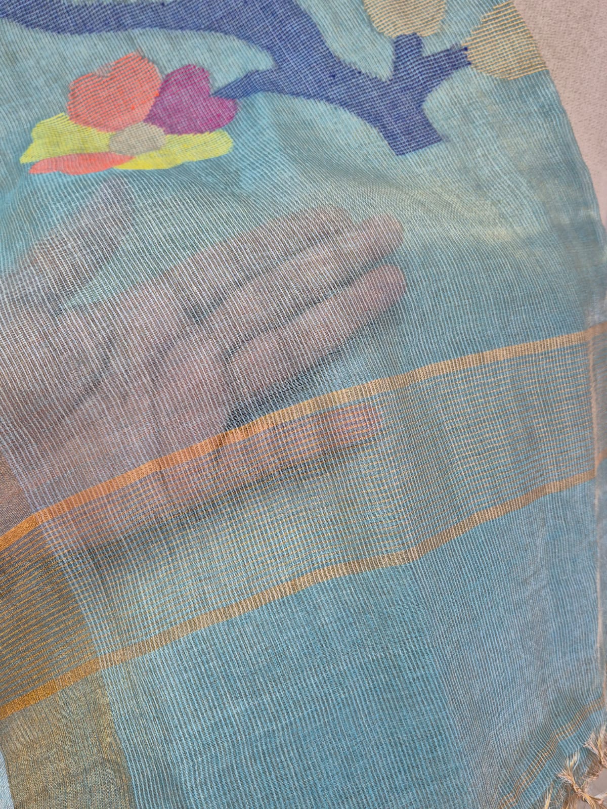 Light Blue Base with Blue Stems Handloom Tissue Silk Saree with Jamdani weaving