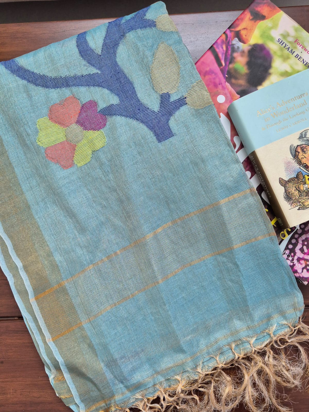 Light Blue Base with Blue Stems Handloom Tissue Silk Saree with Jamdani weaving