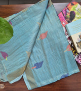 Light Blue Base with Blue Stems Handloom Tissue Silk Saree with Jamdani weaving