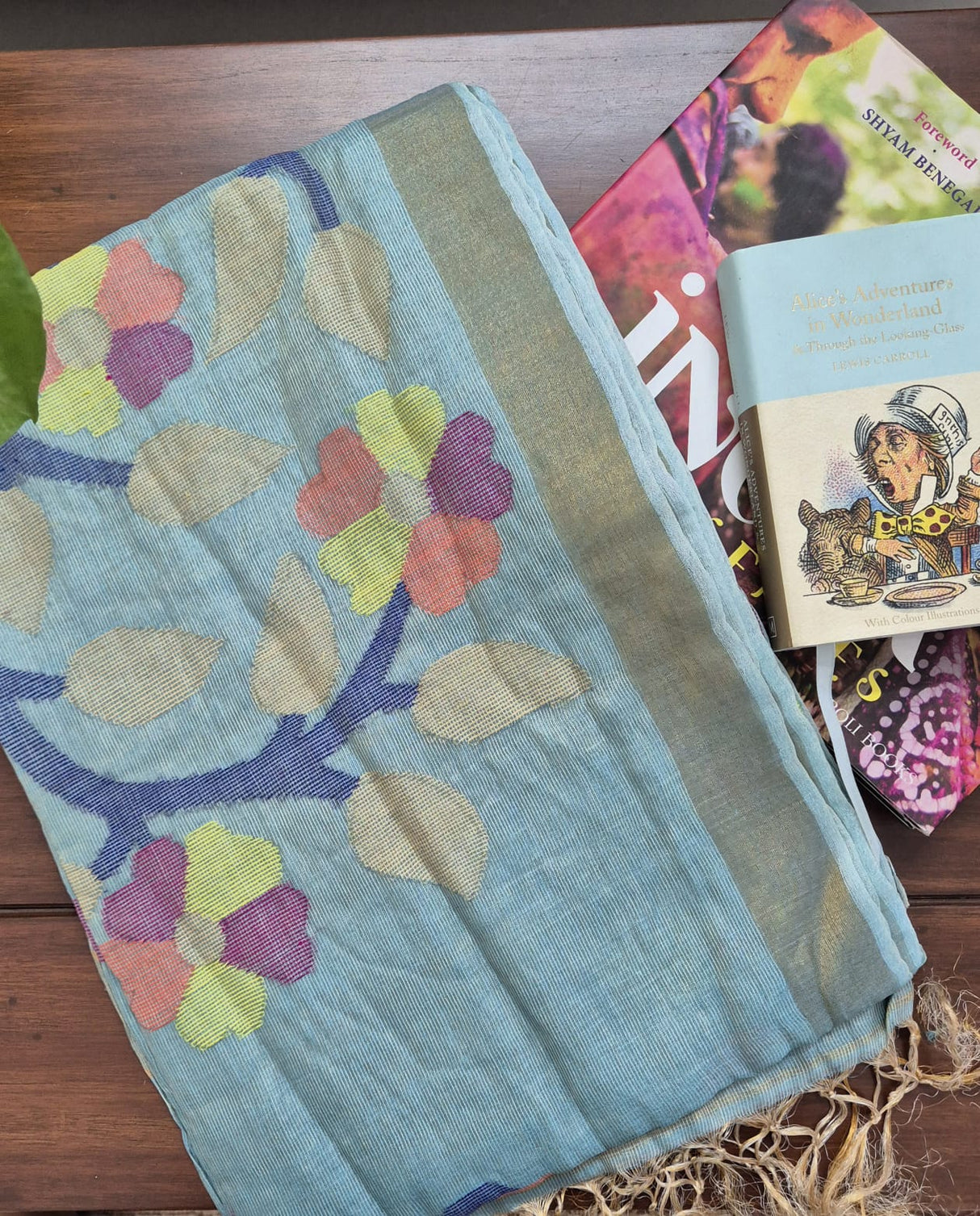 Light Blue Base with Blue Stems Handloom Tissue Silk Saree with Jamdani weaving