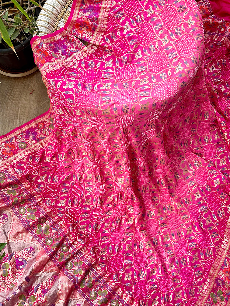 Very Exclusive Light and Dark Pink Pure Banarsi Georgette Meenakari Bandhani Dupatta