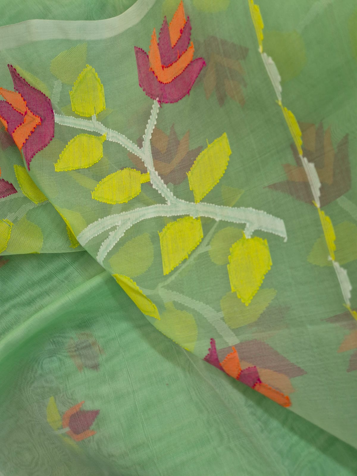 Light Green Handloom Muslin Silk Saree with Jamdani weaving