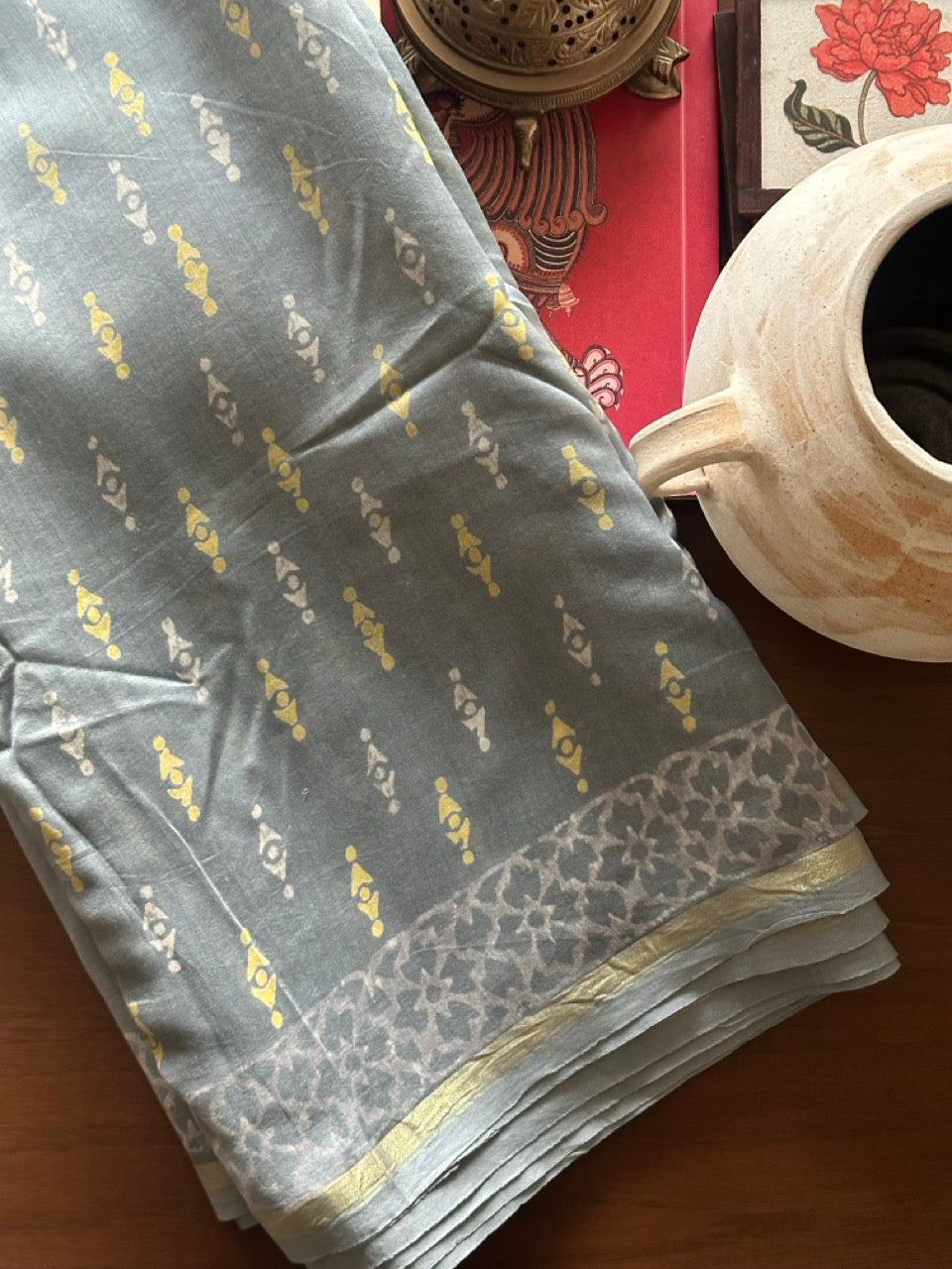 Light Grey Handblock Print Chanderi Cotton Silk Saree