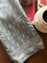 Light Grey Handblock Print Chanderi Cotton Silk Saree