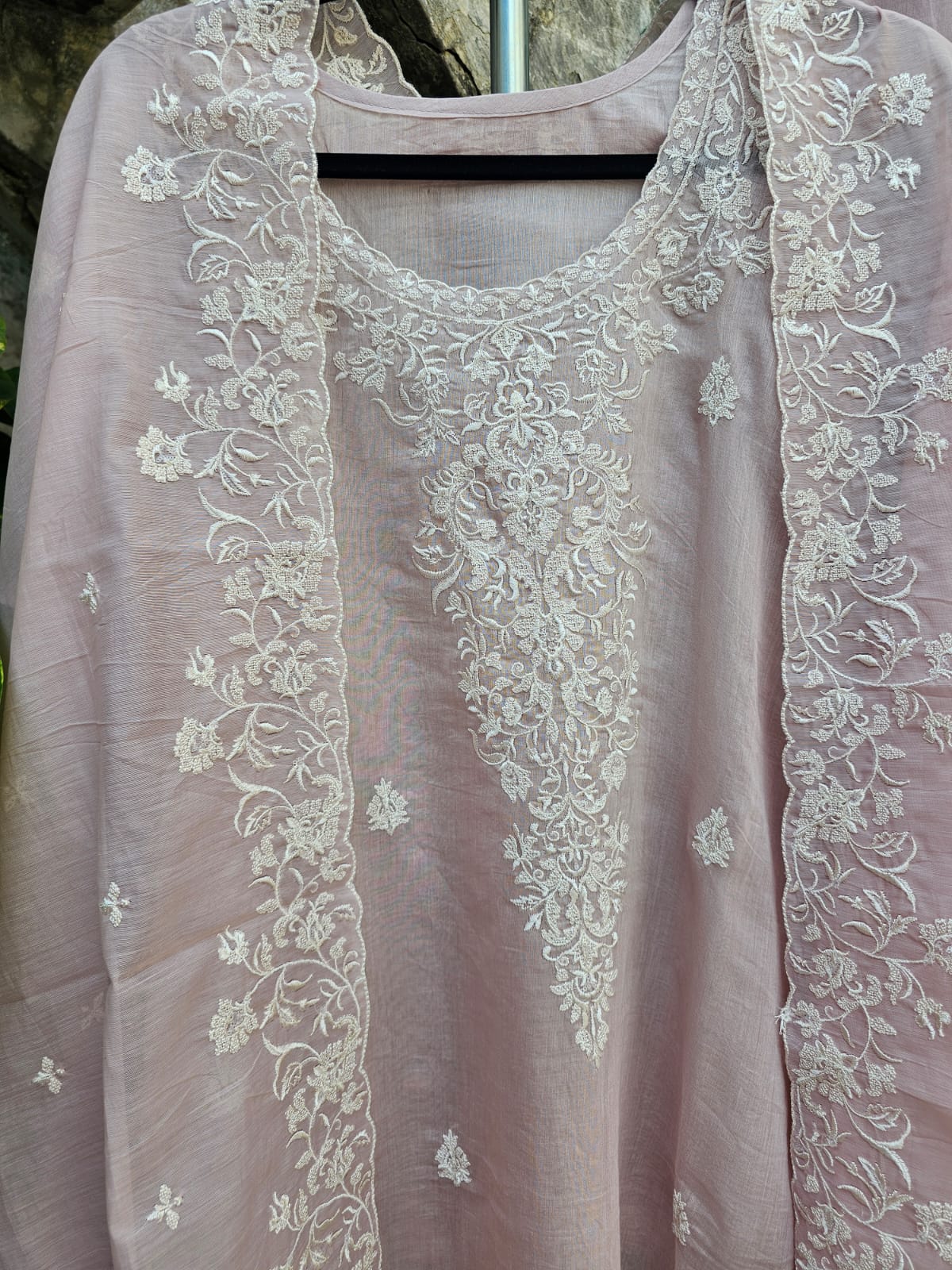Light Mauve Sophisticated Chanderi Mulmul Three Piece Semi Stitched Suit Set