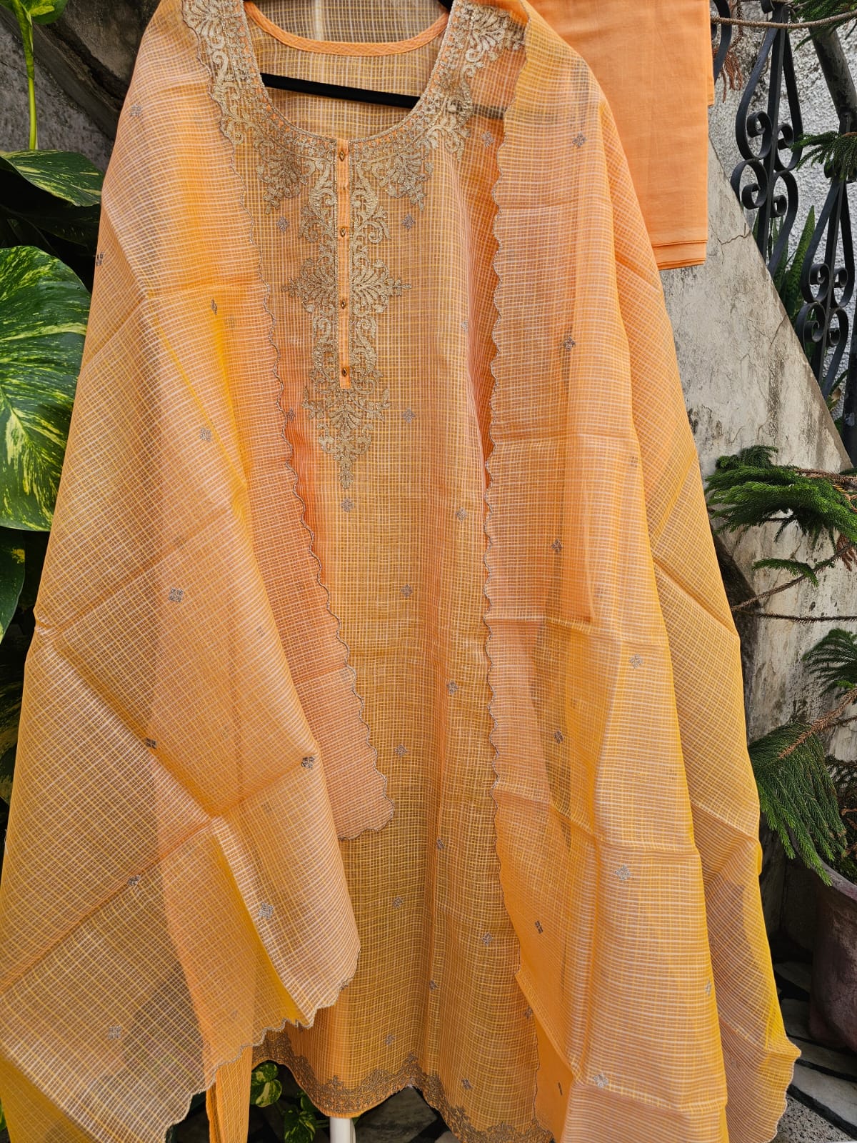 Elegant & Subtle Light Orange Semi Stitched Kota Embroidered Suit Set