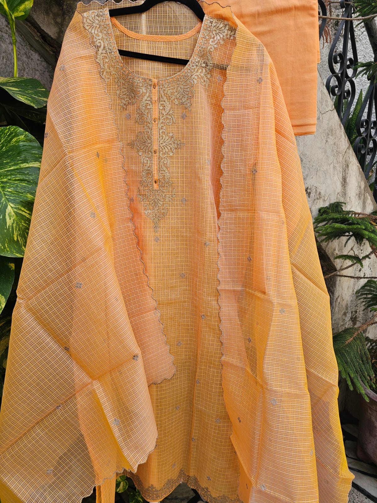 Elegant & Subtle Light Orange Semi Stitched Kota Embroidered Suit Set