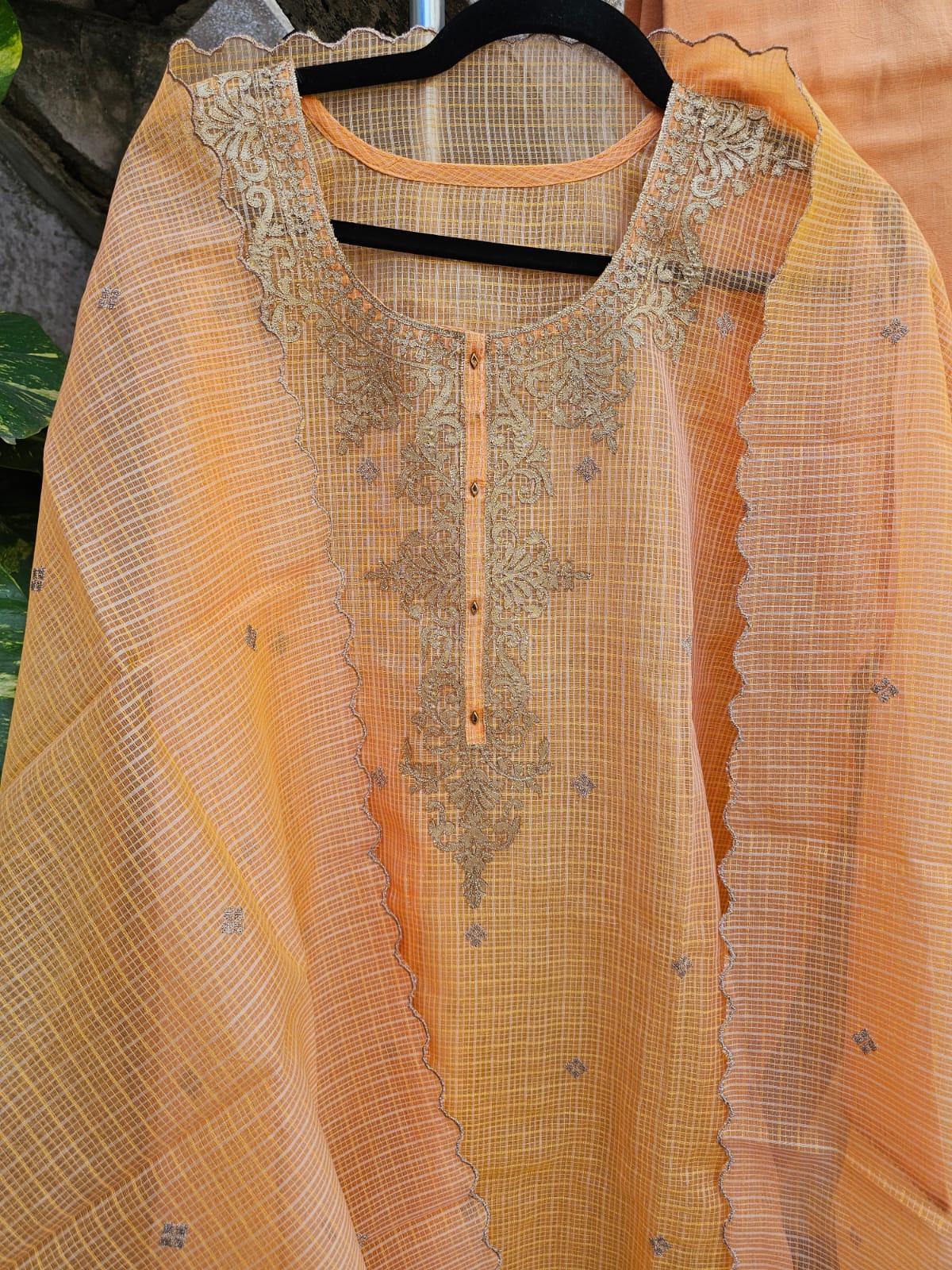 Elegant & Subtle Light Orange Semi Stitched Kota Embroidered Suit Set