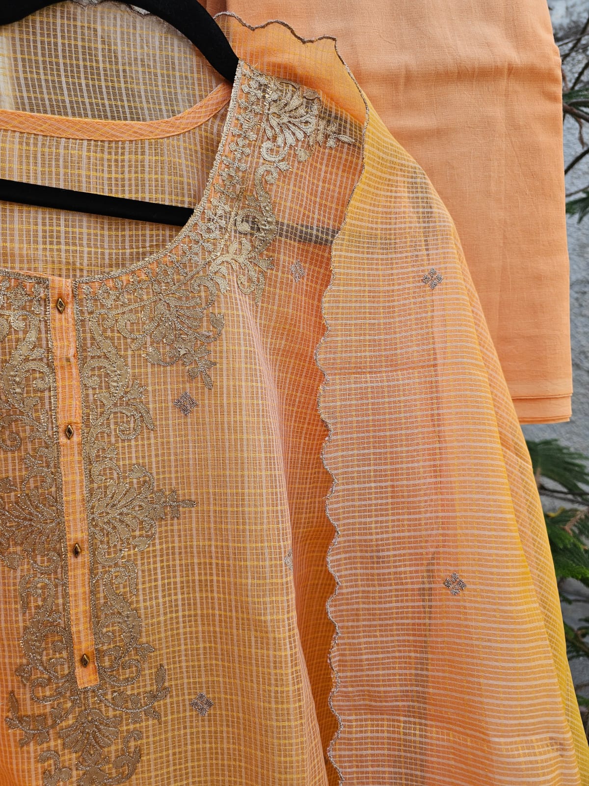 Elegant & Subtle Light Orange Semi Stitched Kota Embroidered Suit Set