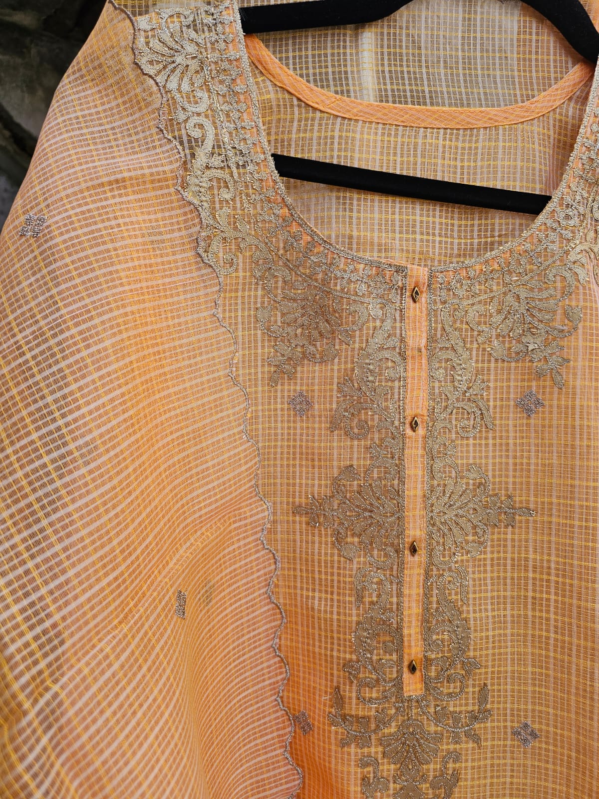 Elegant & Subtle Light Orange Semi Stitched Kota Embroidered Suit Set