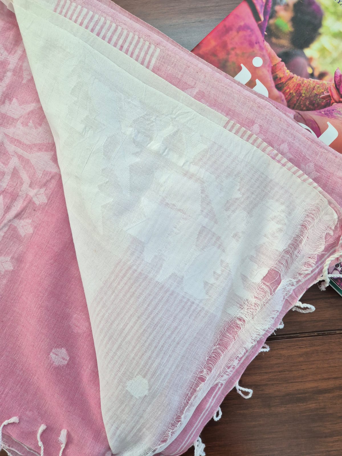 Elegant Mulmul Cotton Saree made on Jacquard Loom in Ligh Pink Colour