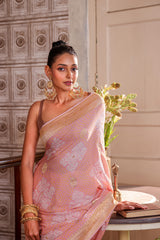 Light Pink Colour Pure Banarsi Gerogette Bandhani Saree