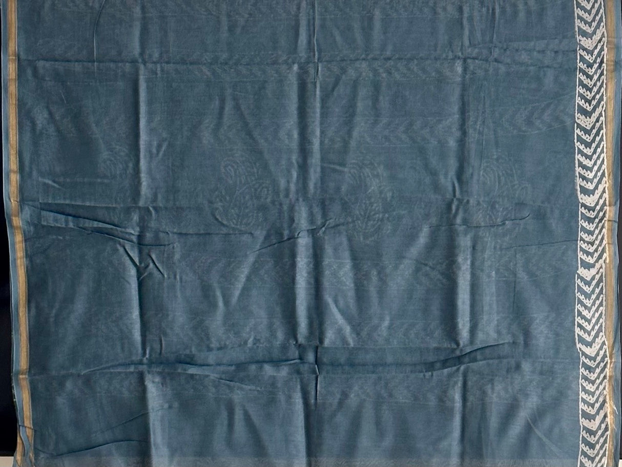 Light Steel Grey Handblock Print Chanderi Cotton Silk Saree
