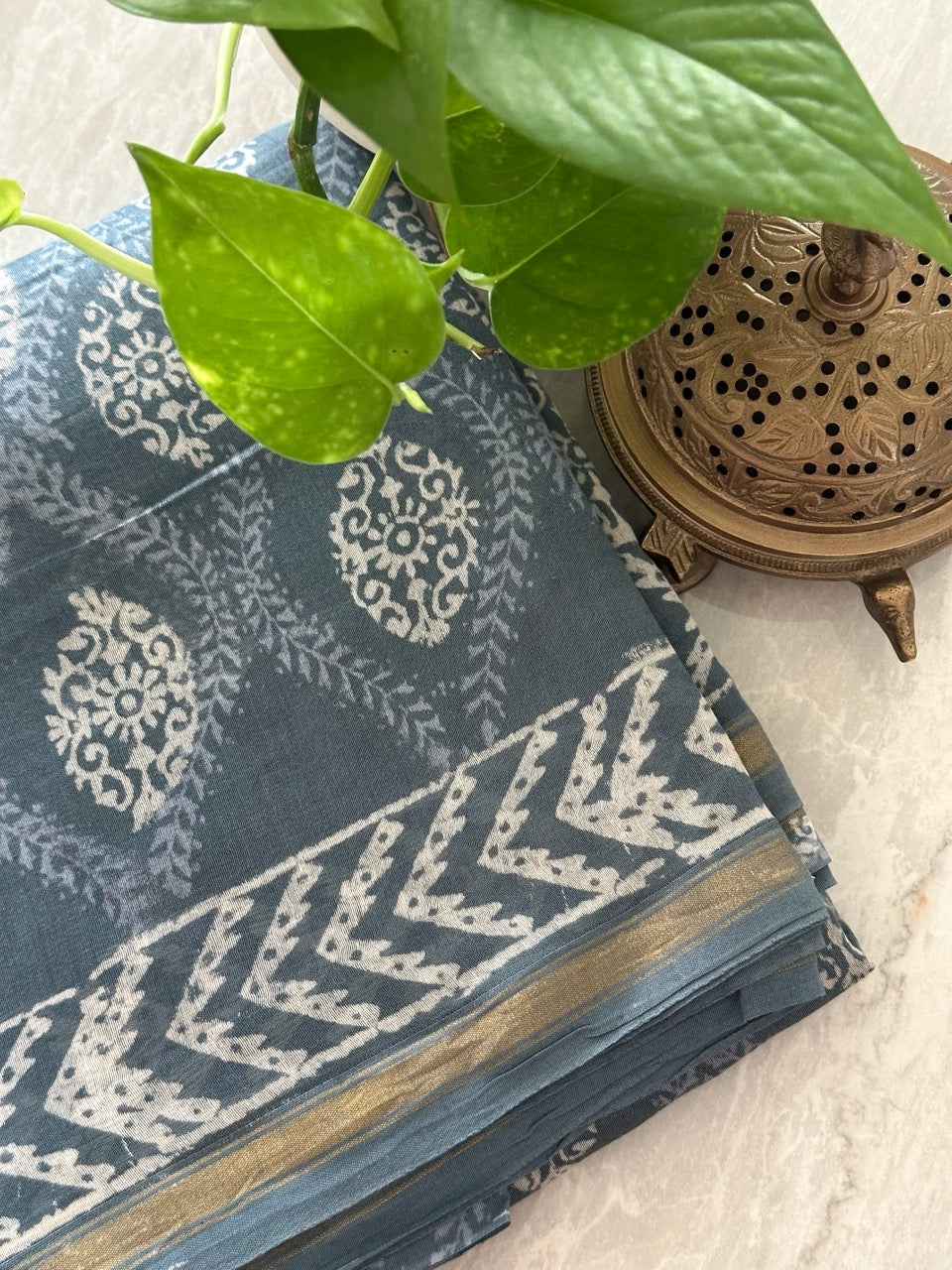 Light Steel Grey Handblock Print Chanderi Cotton Silk Saree