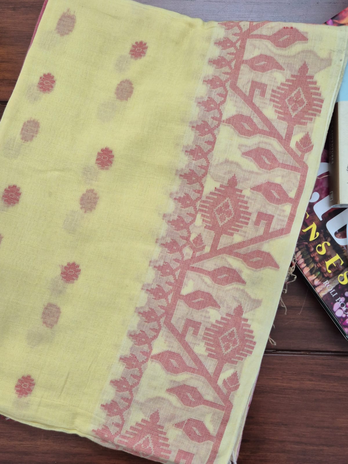 Elegant Mulmul Cotton Saree made on Jacquard Loom in Light Yellow and Red Colour