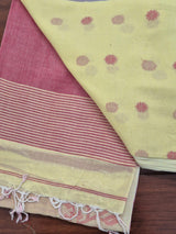 Elegant Mulmul Cotton Saree made on Jacquard Loom in Light Yellow and Red Colour