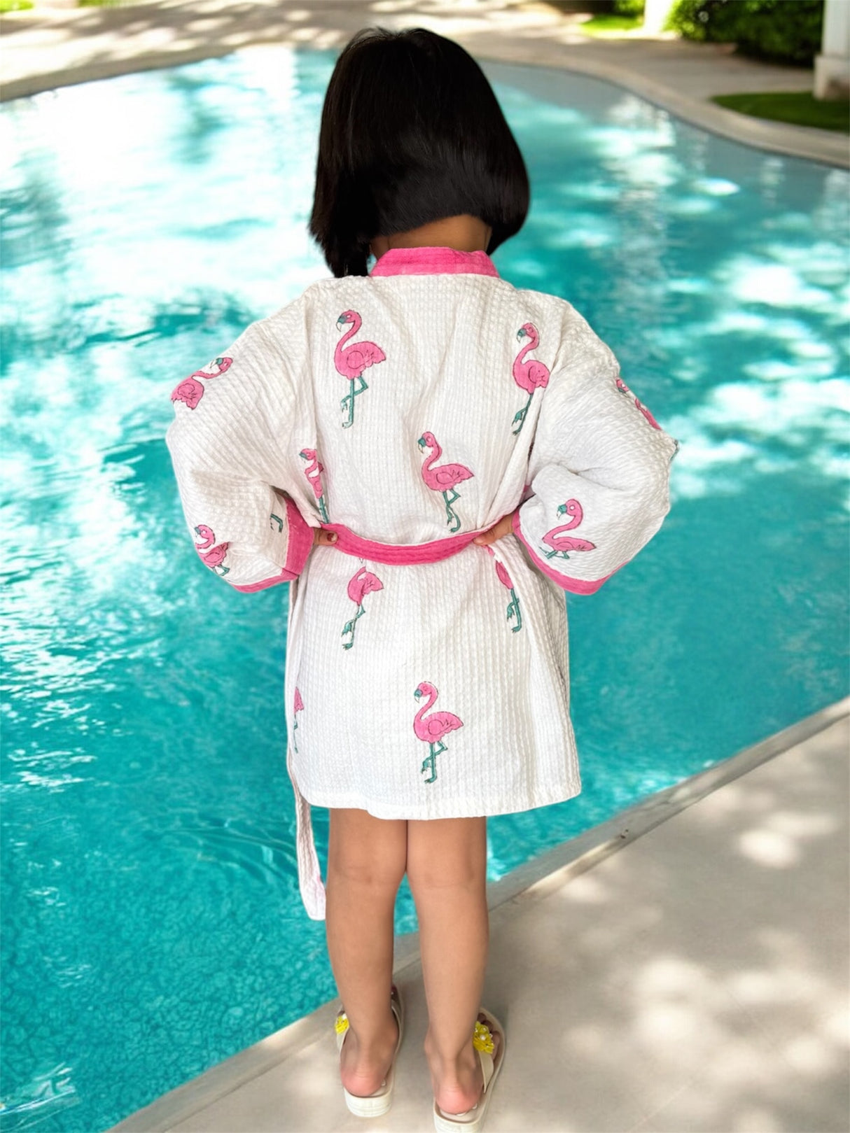 pink flamingo print girls bathrobe perfect for swimming summer camp and beach vacations