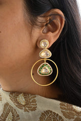 Loop Style 92.5 Silver Earrings with Moissanite Polki and Green Avnturine