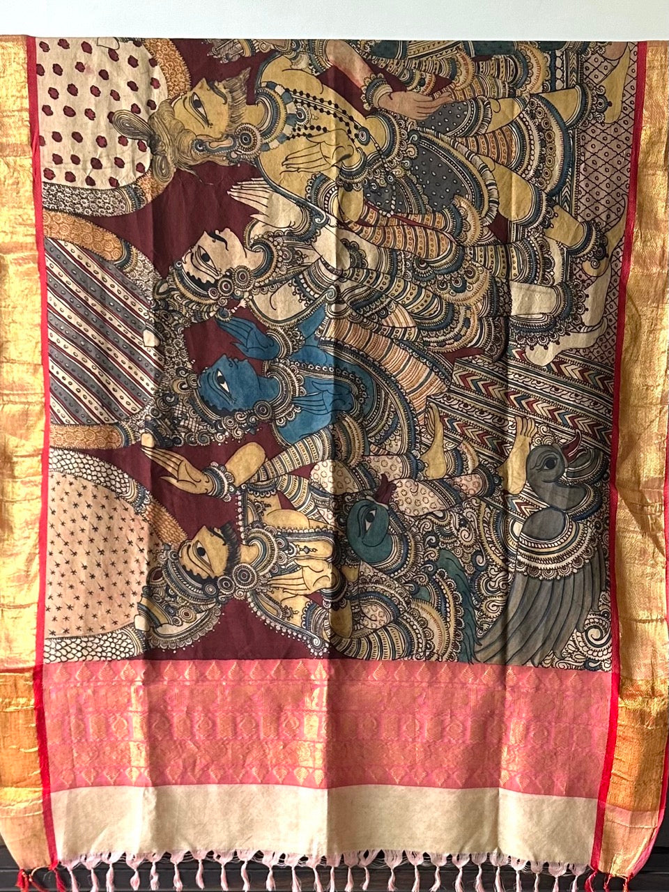 Lord Ram and Devi Sita Swayamvar Theme Handloom Kanchi Pattu Kalamkari Dupatta