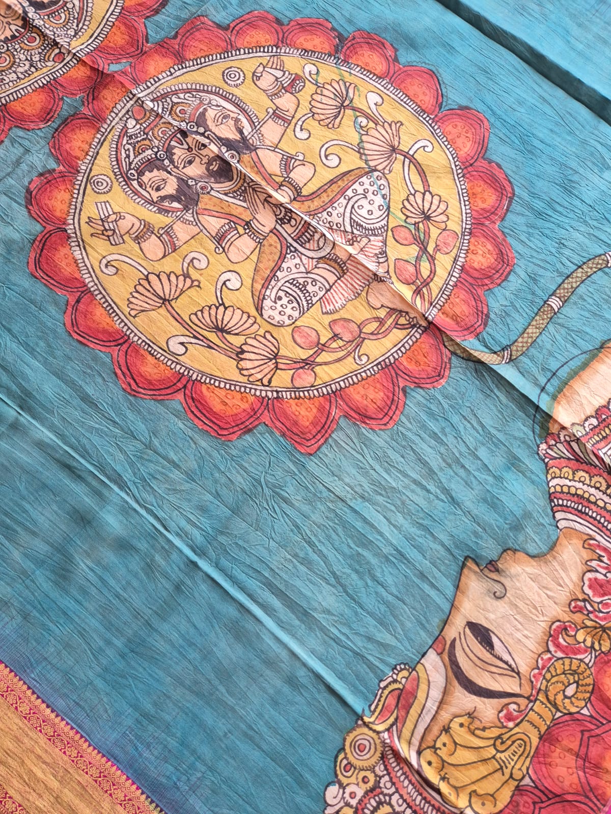 Kalamkari Art Depicting Lord Vishnu in the Ananthasayana posture on Kanjeevaram Silk Dupatta