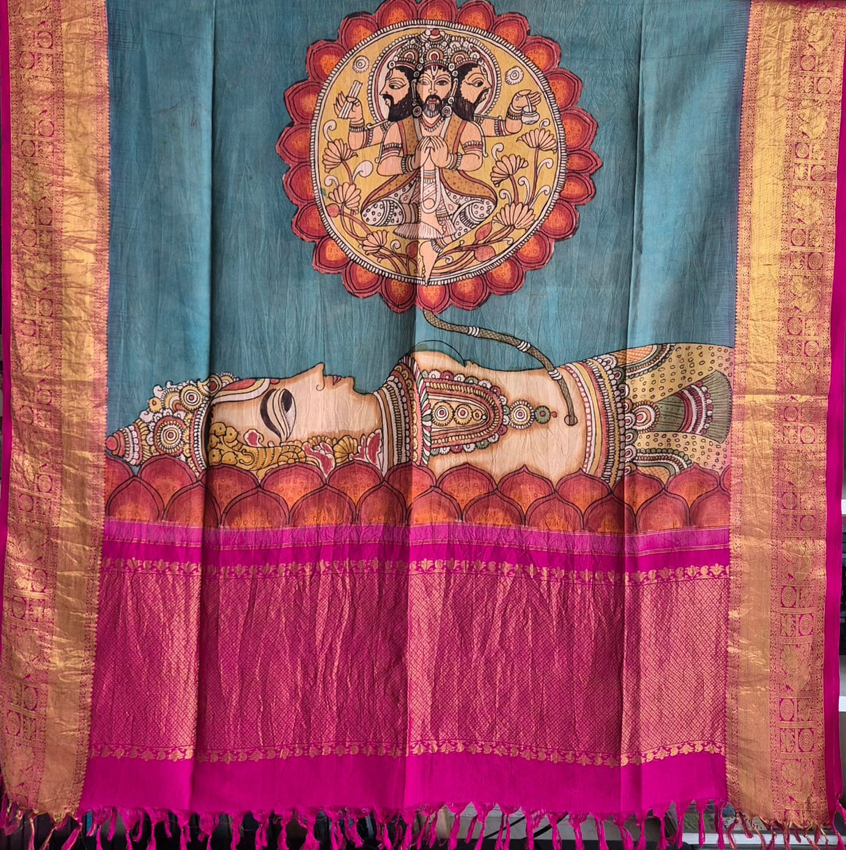 Kalamkari Art Depicting Lord Vishnu in the Ananthasayana posture on Kanjeevaram Silk Dupatta