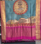 Kalamkari Art Depicting Lord Vishnu in the Ananthasayana posture on Kanjeevaram Silk Dupatta