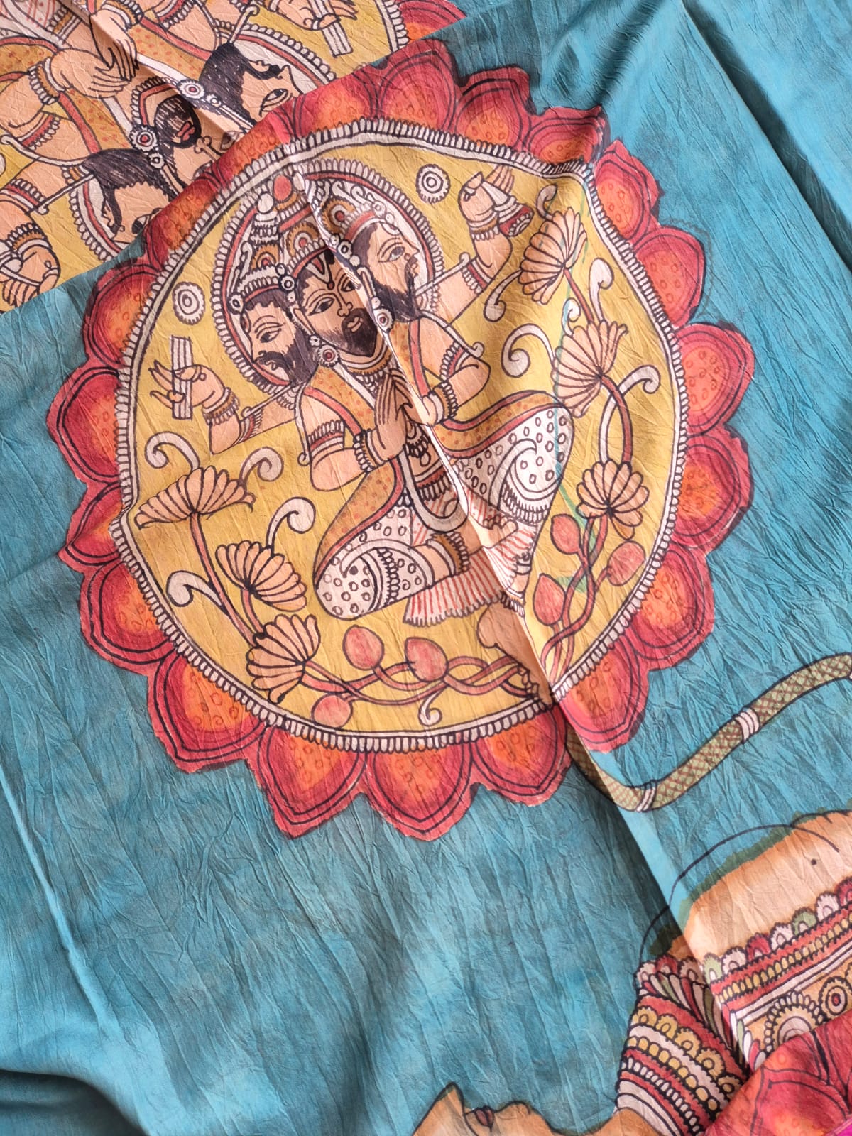 Kalamkari Art Depicting Lord Vishnu in the Ananthasayana posture on Kanjeevaram Silk Dupatta