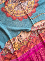 Kalamkari Art Depicting Lord Vishnu in the Ananthasayana posture on Kanjeevaram Silk Dupatta