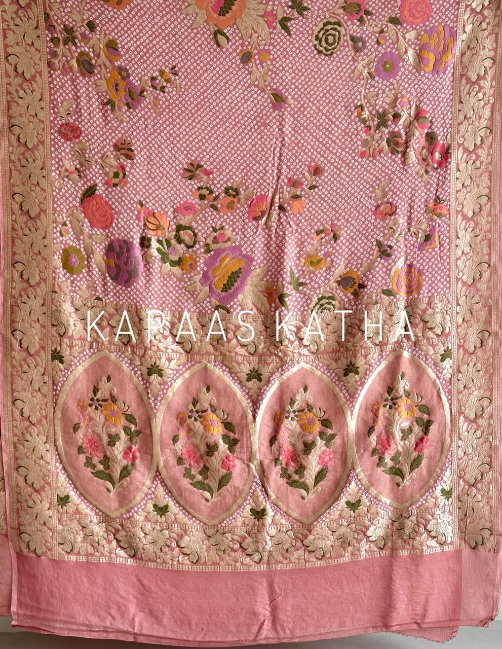 Pure Banarasi Georgette Meenakari Bandhani Saree in Pink | Kapaas Katha