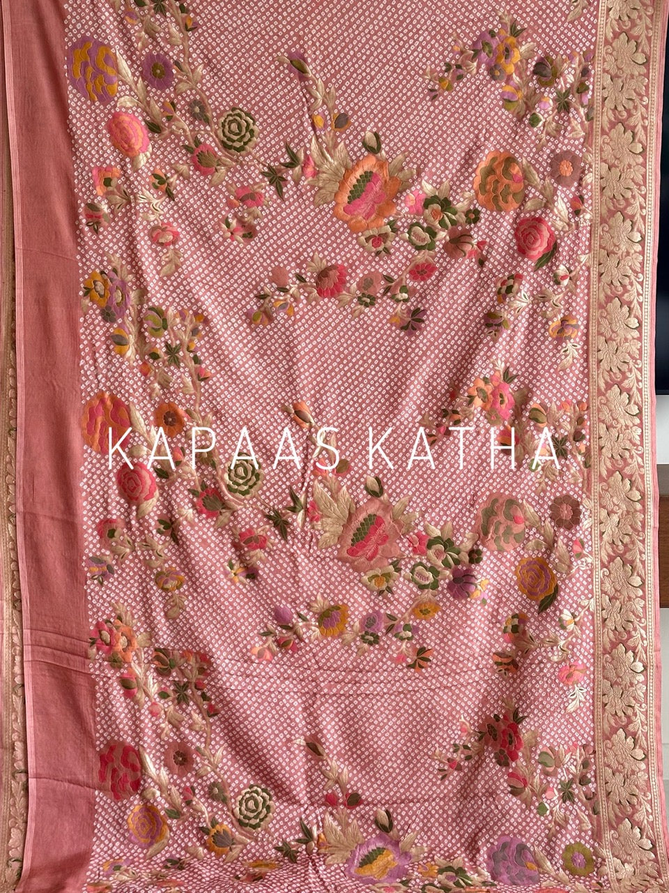 Pure Banarasi Georgette Meenakari Bandhani Saree in Pink | Kapaas Katha